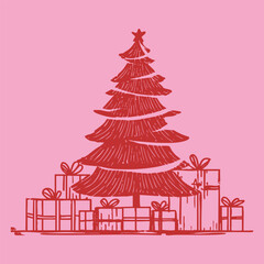Fototapeta premium Retro red sketch of decorated Christmas tree surrounded by many wrapped gifts on pink background.