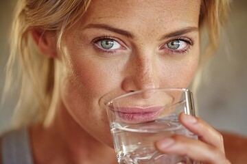 woman drinks from a glass of water 