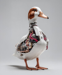Futuristic cybernetic duck with robotic internal components and white feathers, detailed 3D rendering on gray background
