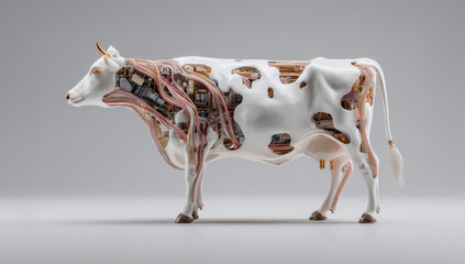 High-tech robotic cow with exposed circuits, wires, and mechanical systems under white and black hide, futuristic farming concept
