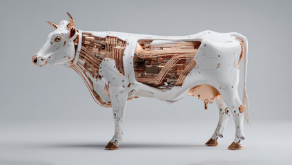 Futuristic white and copper robotic cow with visible internal mechanics and cybernetic systems, advanced agricultural technology concept
