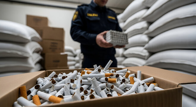 A uniformed officer inspects a box of cigarettes, with other boxes and large sacks in the background.