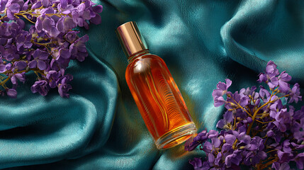 Amber glass bottle placed on luxurious teal satin fabric, surrounded by delicate purple flowers, high-quality product shot, soft natural lighting