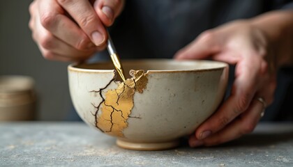 Hands mend cracked ceramic bowl with gold lacquer. Kintsugi art restores broken pottery, highlighting repair as beauty. Craftsmanship skill shown close up.