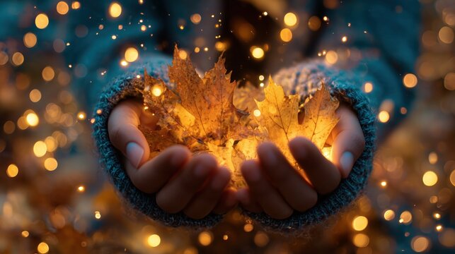 Hands holding glowing autumn leaves with bokeh lights.