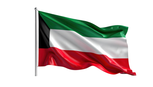 Vibrant national flag of a country, featuring dynamic waving fabric with distinct stripes of green, white, red, and a black trapezoid, waving in the wind against a plain black background.