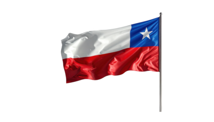 A flag of the country with white, red, and blue colors, featuring a white star on a blue section, flutters in the wind against a stark black backdrop with a strong sense of movement and patriotism.