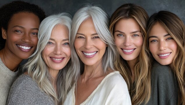 models of different ethnicities, age and skin tones with beautiful hair in the center of an advertising campaign for skincare cream