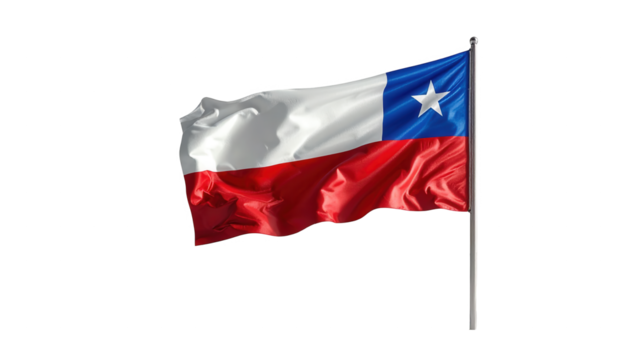 A flag of the country with white, red, and blue colors, featuring a white star on a blue section, flutters in the wind against a stark black backdrop with a strong sense of movement and patriotism.