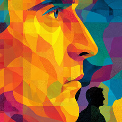 An eye-catching abstract portrait with vivid colors showcasing human emotions and identity through geometric designs and shapes.