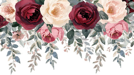 Watercolor Roses in Burgundy, Cream, and Pink with Grey- Green Leaves Border on PNG Black Background flowers