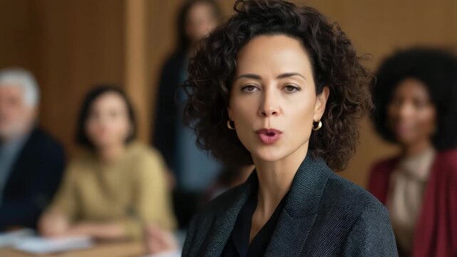 A confident businesswoman stands at the forefront of a meeting, radiating leadership qualities and determination, with captivated colleagues engaged behind her.