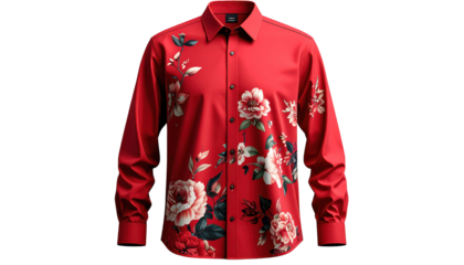 A vibrant red button-down shirt, showcasing a detailed floral pattern design, is presented against a stark black backdrop, creating a bold contrast; the shirt displays meticulously crafted botanical.