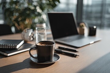 Workspace with laptop and coffee