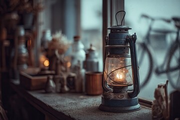 Vintage lantern on windowsill