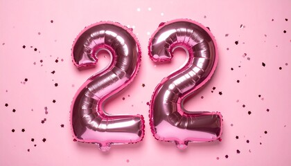 Pink balloon number 22 with confetti on solid colored background. Photo for anniversary or birthday party
