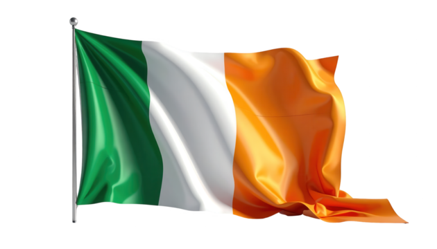 The official flag of a sovereign nation is depicted waving gracefully on a pole, showcasing vibrant green, white, and orange vertical stripes against a solid black backdrop, demonstrating a sense of.