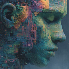 A vibrant blend of technology and humanity, portraying a face made of intricate patterns and colors in a surreal style.