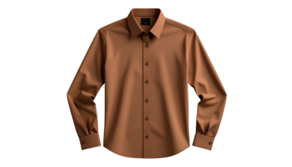 An elegant long-sleeved button-down shirt in a warm brown color is displayed against a stark black background, showing the details of the collar, buttons, and cuffs, creating a minimalist,...
