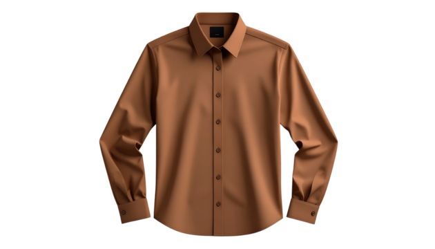 An elegant long-sleeved button-down shirt in a warm brown color is displayed against a stark black background, showing the details of the collar, buttons, and cuffs, creating a minimalist,...