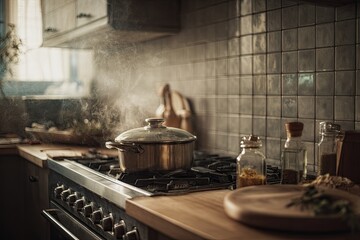 A warm kitchen scene with steaming pot
