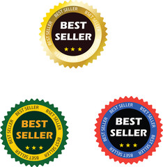 Collection of three 'best seller' award badges or seals with different colors and star embellishments for promotional use vector