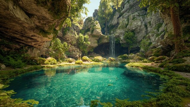 A serene grotto with a waterfall cascading into a clear turquoise pool, surrounded by rocks & lush foliage