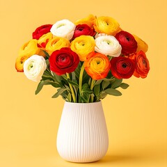 Fototapeta premium Vibrant Ranunculus Bouquet in White Vase Yellow Background