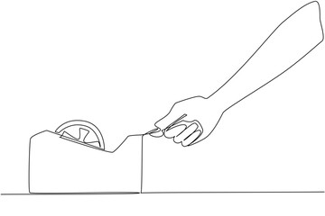 Single one line drawing hand taking isolation from isolation place. Technology for gluing. Transparent clear color. Equipment. National Cellophane Tape. Continuous line design graphic illustration