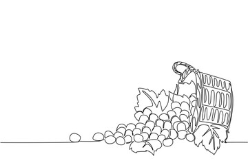 Continuous one line drawing green grapes with leaves in wicker basket and scattered grapes. The harvest is blessed with abundant result. National Grape Day. Single line draw design vector illustration