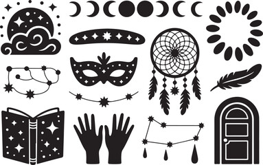 Mystical and celestial elements silhouette vector art featuring stars moon phases dreamcatcher and more
