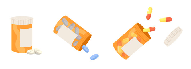 Set of medication bottles with tablet pills and capsule pills isolated on white background. Concept of health, hospital, medical cure, taking medicine, drug. Flat vector illustration