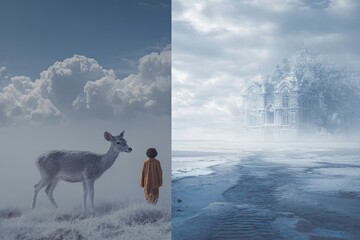 Child and deer in a fantasy landscape