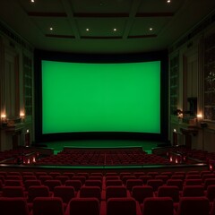 Fototapeta premium Empty Cinema Auditorium with Vast Green Screen for Custom Content Projection and Immersive Experience