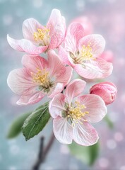 Delicate cluster of pink and white blossoms against a soft, bokeh background