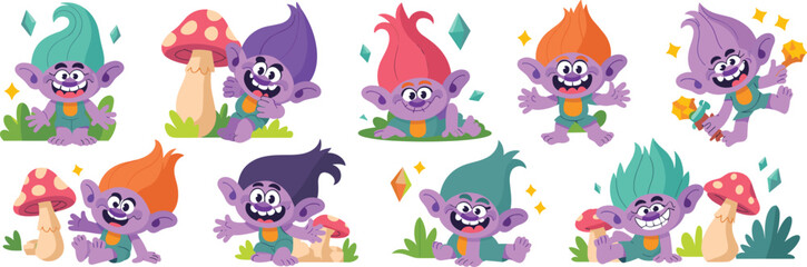 Naklejka premium Playful Cartoon Trolls Having Fun in a Magical Forest with Mushrooms, Sparkling Gems and Stars, Ideal for Children's Illustrations, Fantasy Storybooks, Educational Games, Animated Movies, Cheerful Des