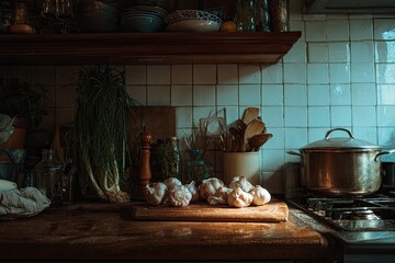 Kitchen still life, sunlit, rustic