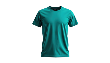 Stylish teal colored crew neck short sleeve shirt is displayed centered against a stark black backdrop, showcasing the garment's shape and design with meticulous detail and highlighting the fabric's.
