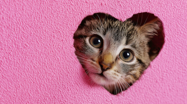 Valentine cute kitten peeking through heart - shaped hole in pink textured background, ideal for wallpaper, poster, banner design featuring adorable cat with big eyes