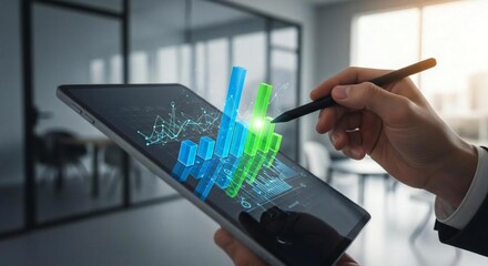 Analyzing financial data on a digital tablet with interactive bar graphs and trend lines, leading