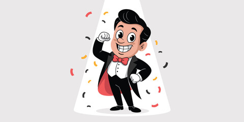 Smiling Cartoon Magician Performing Magic with Confetti in Spotlight, Vector Illustration for Entertainment, Party, Event, Celebration, Show, Performance, Mascot, Character Design for Children's Anima
