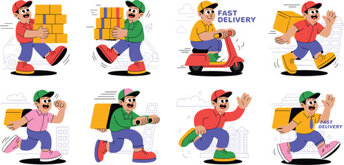 Fototapeta premium Energetic Delivery People Delivering Packages Around Town, Fast Shipping and Express Courier Services with Delivery Men on Scooter, Running with Boxes in a Cartoon Style, Perfect for Logistics, Busine