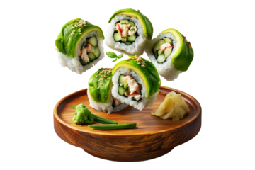 California sushi rolls with crab, avocado, cucumber, and seaweed topping on wooden plate, isolated on white transparent background, concept of Japanese cuisine