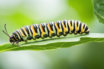 Caterpillar growth process vibrant green leaves nature photography outdoor setting close-up perspective metamorphosis concept