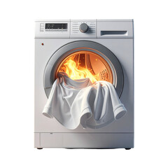 The appliance displays a modern, white washing machine with a fiery inferno emanating from its open drum, and soft cotton clothes are emerging from the intense heat.
