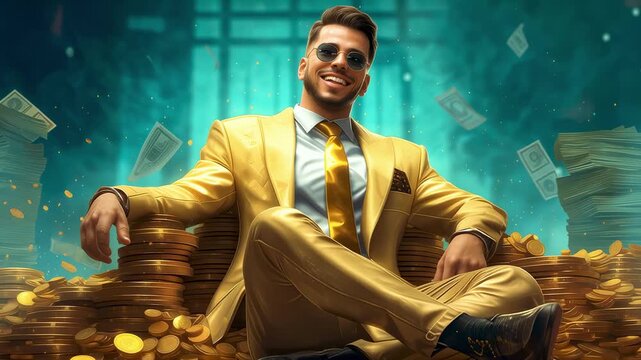 Smiling man in gold suit sitting on piles of coins and cash