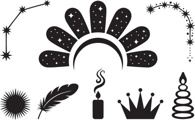 Mystical celestial elements and decorative designs in monochrome vector illustrations