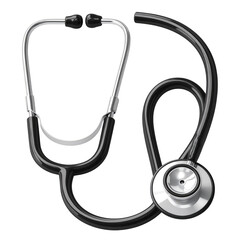 Detailed  shot of a stethoscope, showcasing the medical tool's metallic components and black tubing against a deep black background, highlighting its form, function, and design.