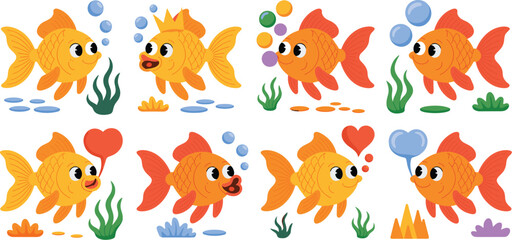 Cheerful Goldfish Characters Set Swimming with Bubbles in Colorful Aquarium: Happy Cartoon Fish Illustration for Children's Book, Aquatic Education, Marine Life Presentation, Underwater World, Pet Sto