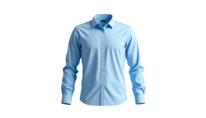 This  shot presents a pristine, long-sleeved, button-down dress shirt in a soft, pastel blue hue against a stark black background, emphasizing the garment's clean lines and elegant design, ideal for.
